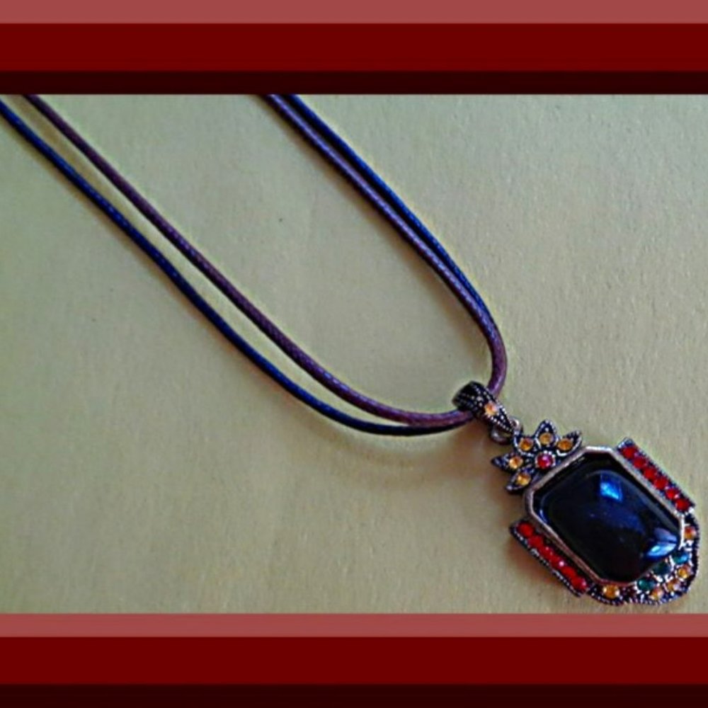 Antique In Color Necklace With Colorful Rhinestones Black Bead & Leather Chain